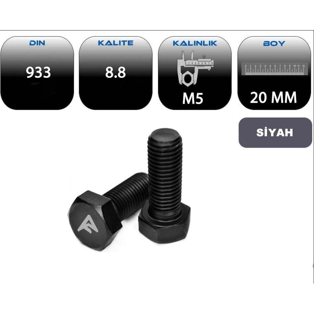 M5*20 AKB CİVATA TAM PASO SİYAH (DIN 933-8.8)