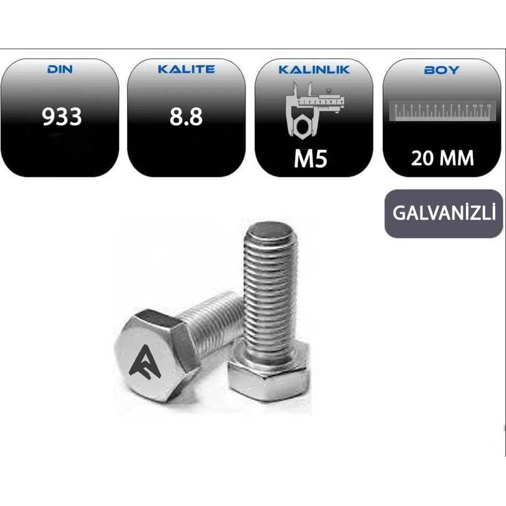 M5*20 AKB CİVATA TAM PASO GALVANİZLİ (DIN 933-8.8)