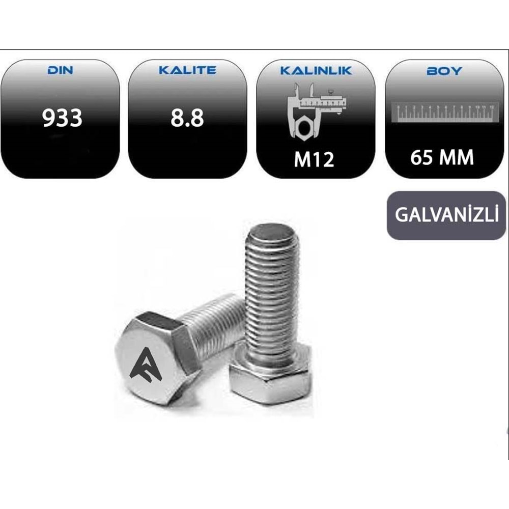 M12*65 AKB CİVATA TAM PASO GALVANİZLİ (DIN 933-8.8)