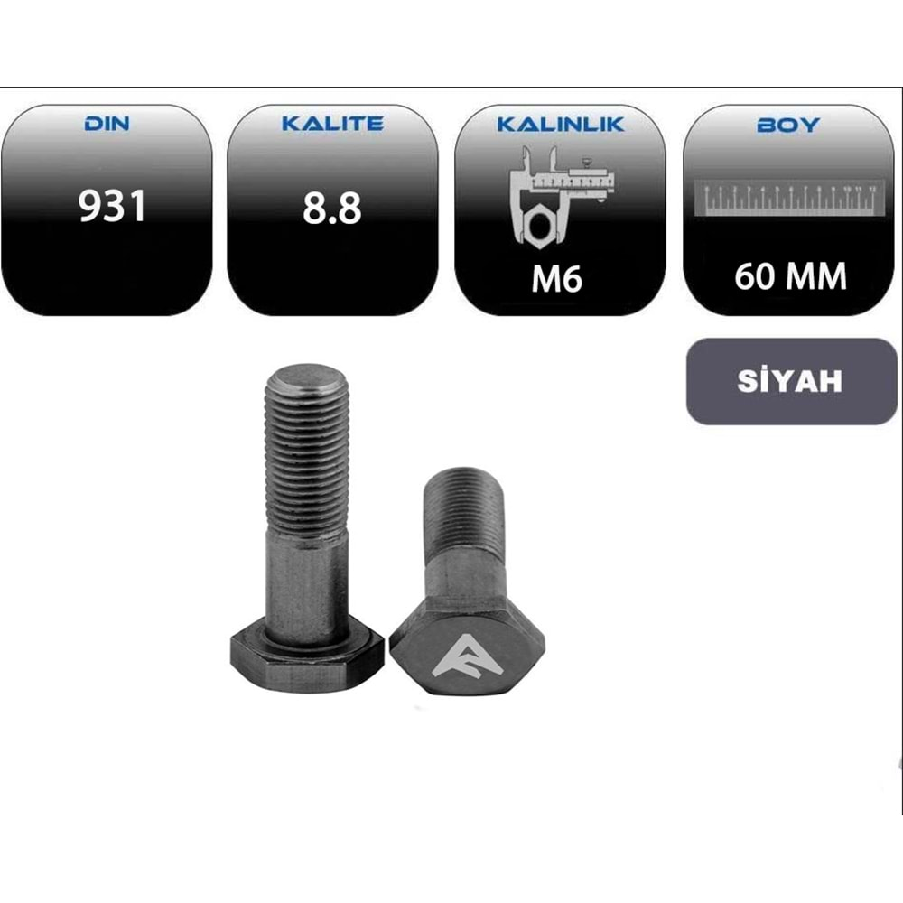 M6*60 AKB CİVATA YARIM PASO SİYAH (DIN 931-8.8)