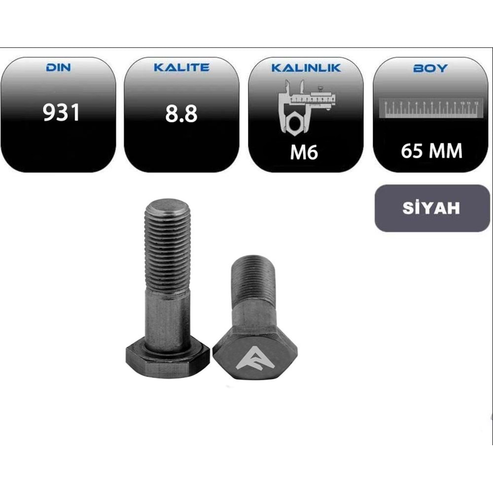 M6*65 AKB CİVATA YARIM PASO SİYAH (DIN 931-8.8)