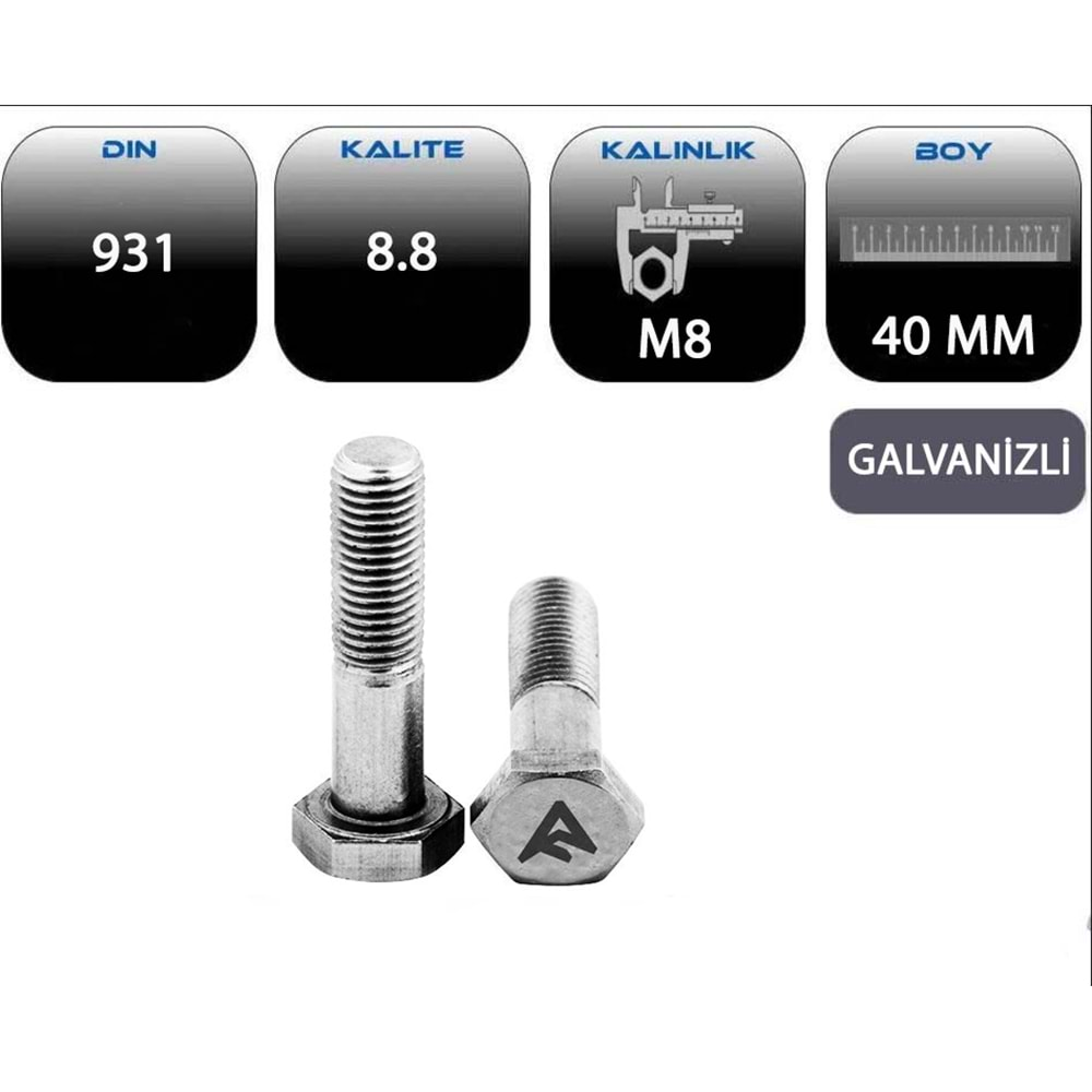 M8*40 AKB CİVATA YARIM PASO GALVANİZLİ (DIN 931-8.8)