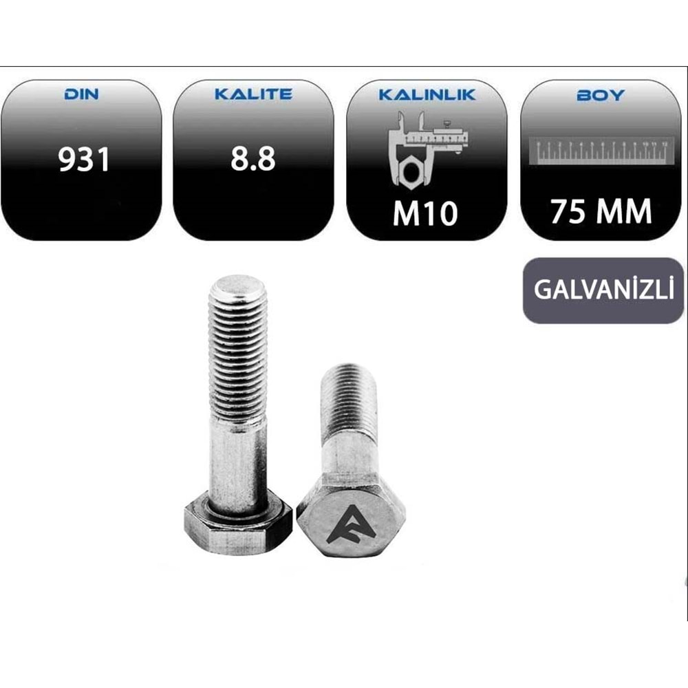 M10*75 AKB CİVATA YARIM PASO GALVANİZLİ (DIN 931-8.8)