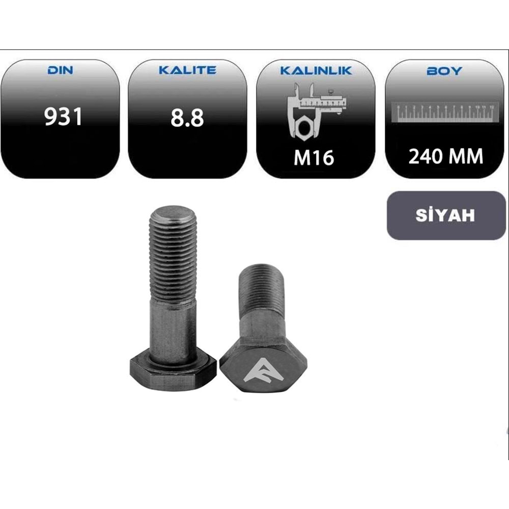 M16*240 AKB CİVATA YARIM PASO SİYAH (DIN 931-8.8)