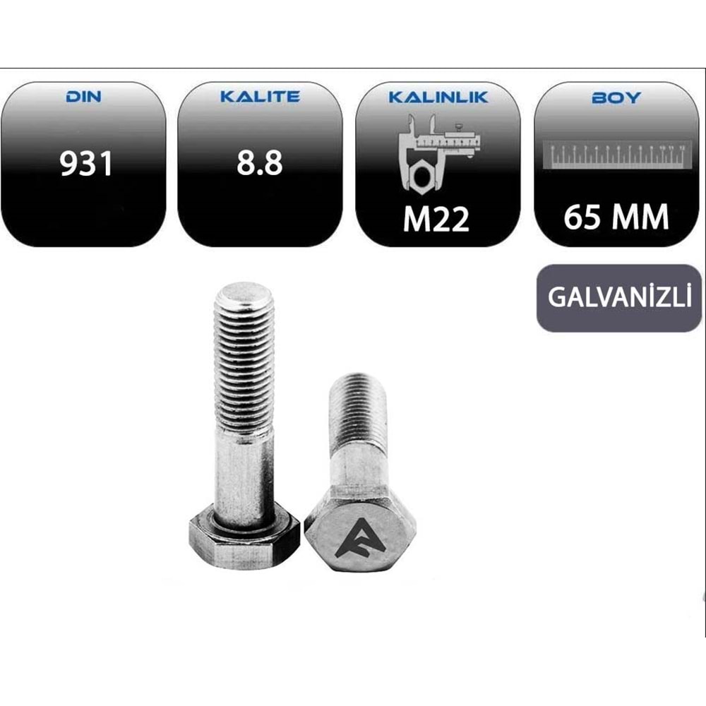 M22*65 AKB CİVATA YARIM PASO GALVANİZLİ (DIN 931-8.8)