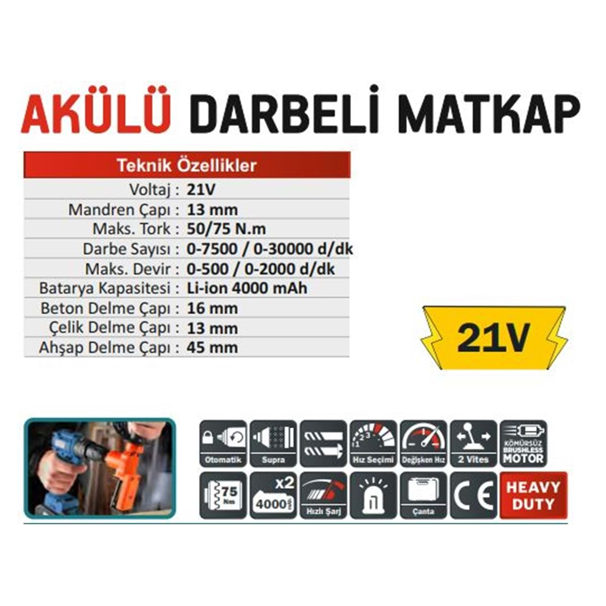 CMC 13mm AKÜLÜ DARBELİ MATKAP 21V