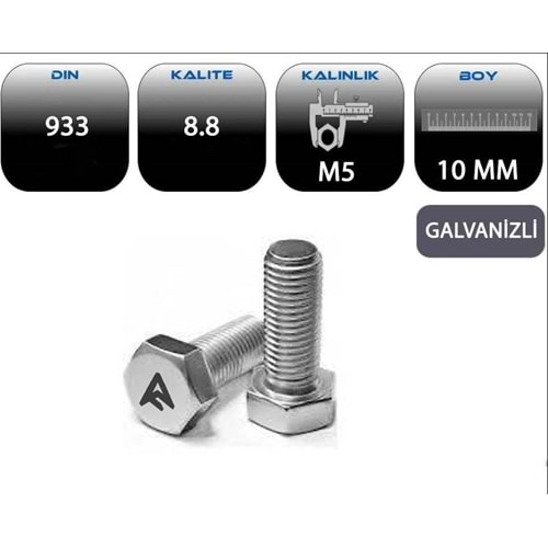 M5*10 AKB CİVATA TAM PASO GALVANİZLİ (DIN 933-8.8)