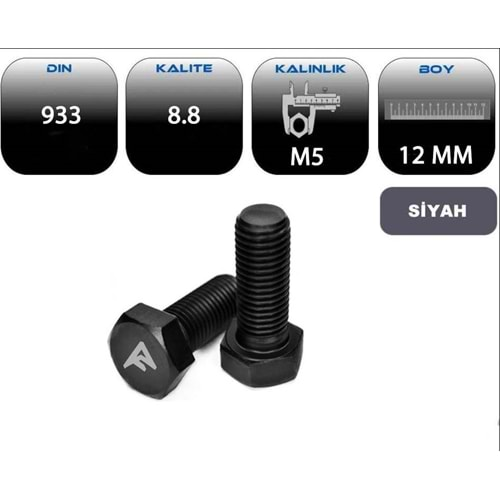 M5*12 AKB CİVATA TAM PASO SİYAH (DIN 933-8.8)