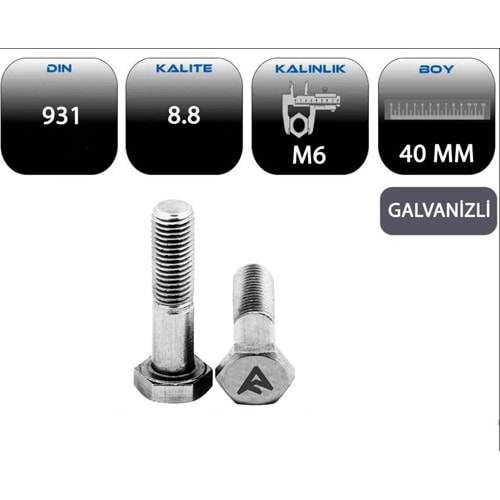 M6*40 AKB CİVATA YARIM PASO GALVANİZLİ (DIN 931-8.8)