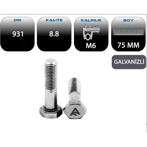 M6*75 AKB CİVATA YARIM PASO GALVANİZLİ (DIN 931-8.8)