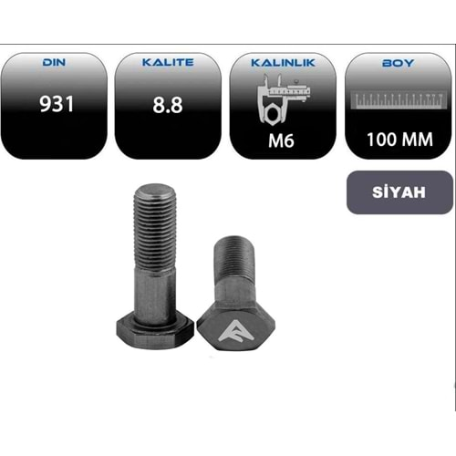 M6*100 AKB CİVATA YARIM PASO SİYAH (DIN 931-8.8)