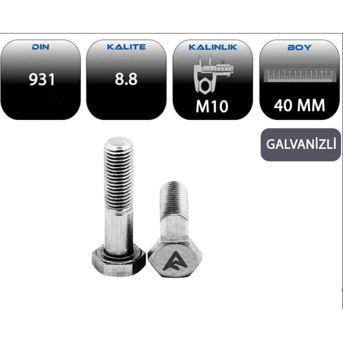 M10*40 AKB CİVATA YARIM PASO GALVANİZLİ (DIN 931-8.8)