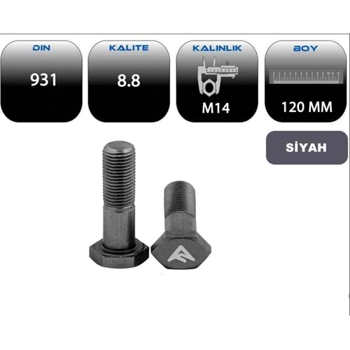 M14*120 AKB CİVATA YARIM PASO SİYAH (DIN 931-8.8)