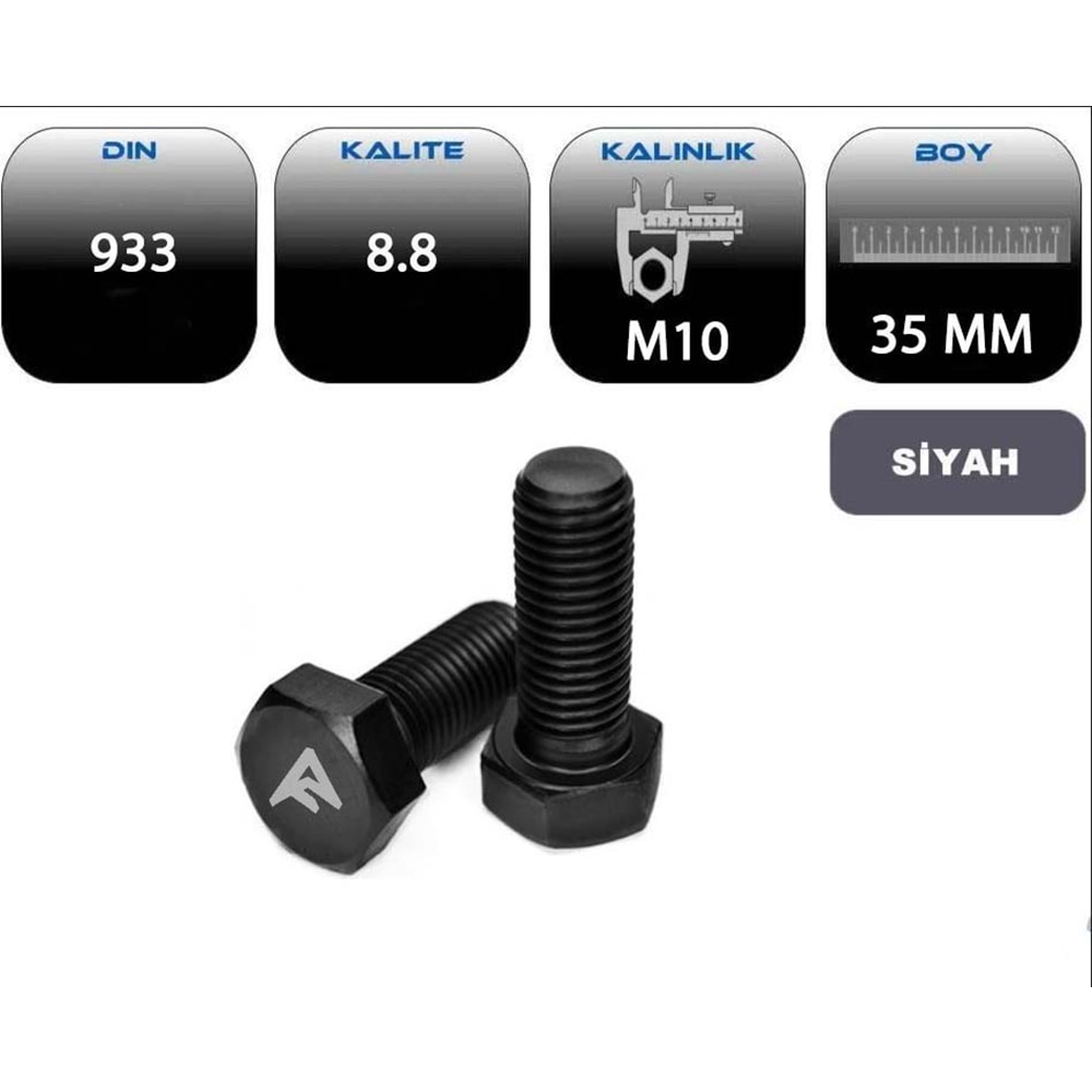 M10*35 AKB CİVATA TAM PASO SİYAH (DIN 933-8.8)