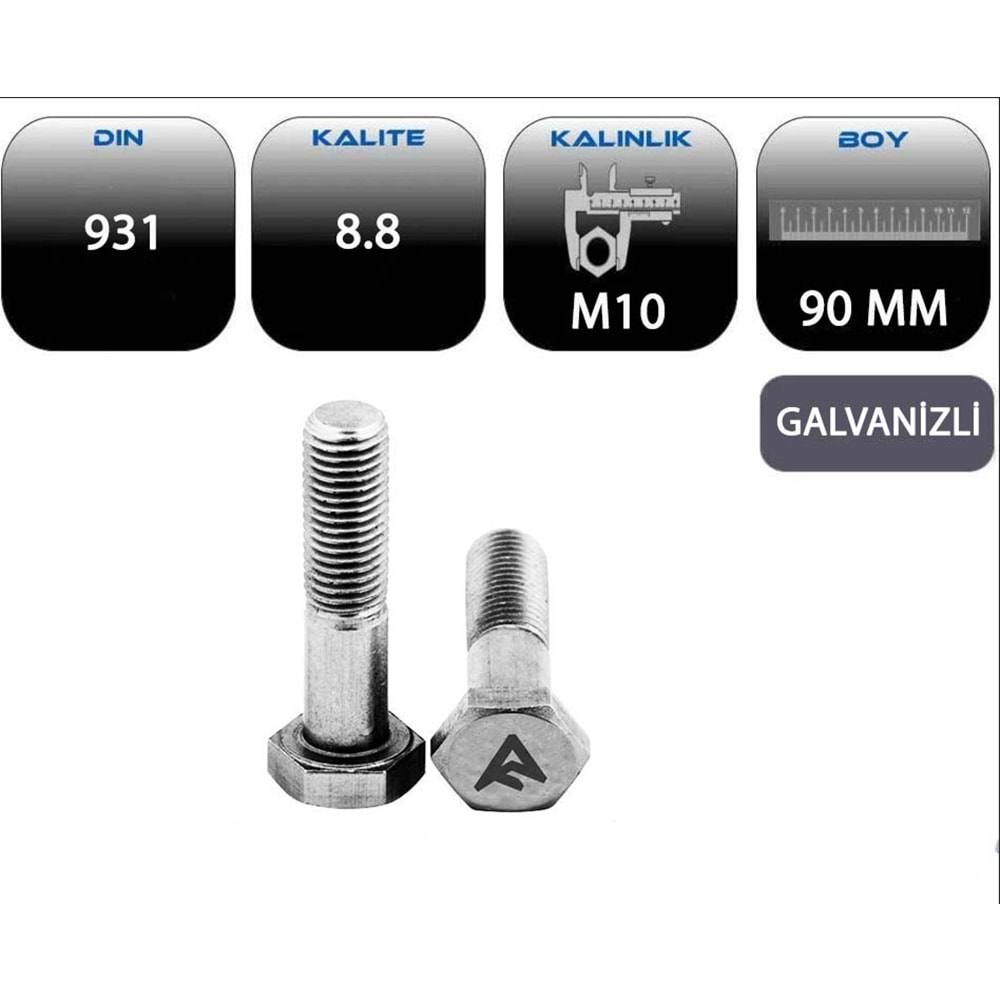M10*90 AKB CİVATA YARIM PASO GALVANİZLİ (DIN 931-8.8)
