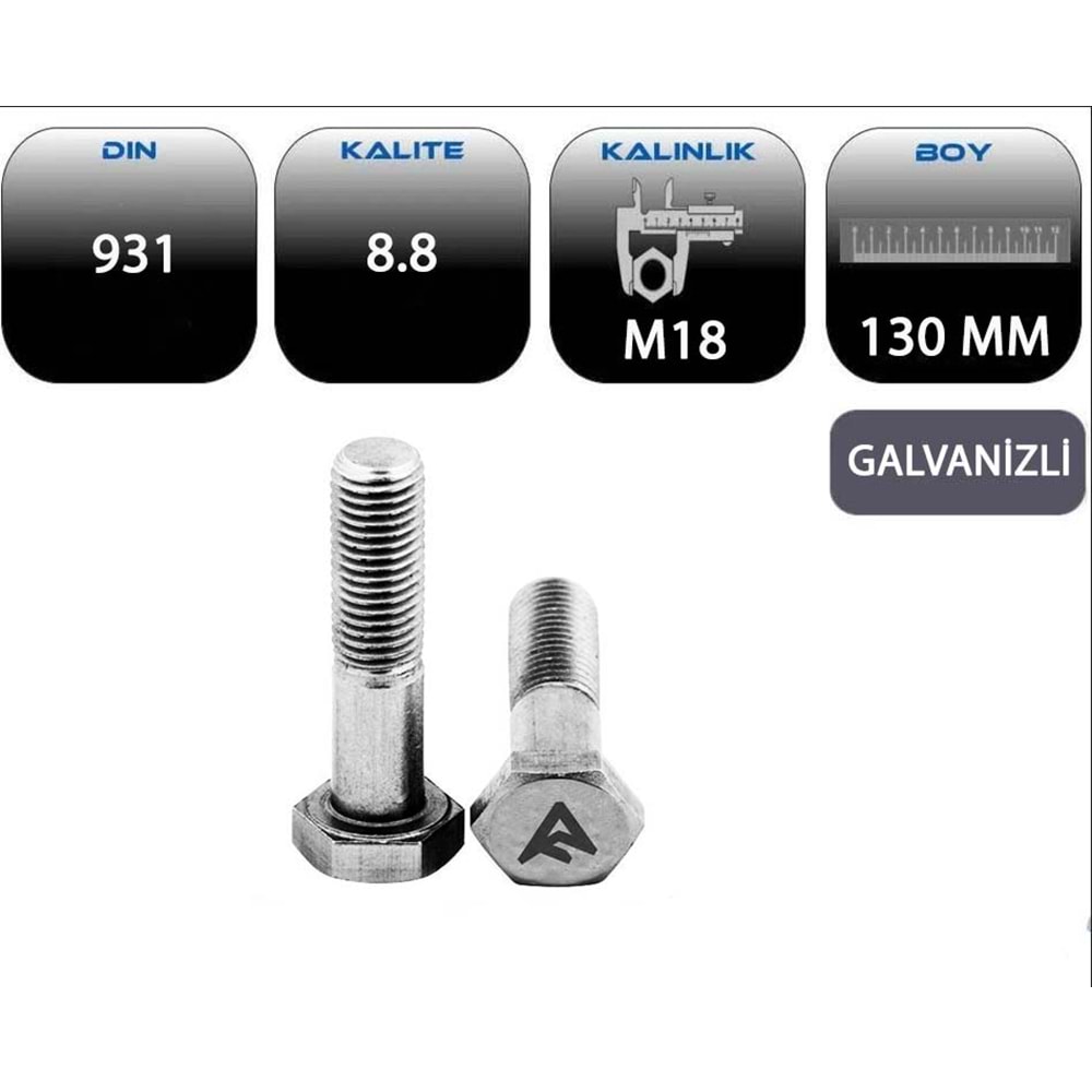 M18*130 AKB CİVATA YARIM PASO GALVANİZLİ (DIN 931-8.8)